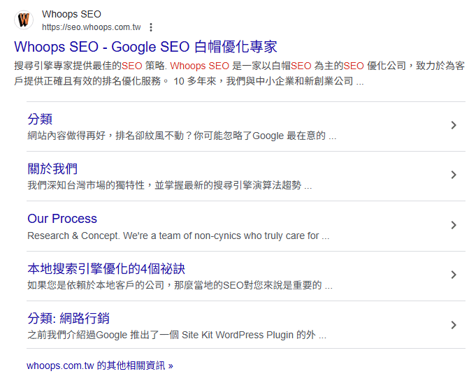 Google 搜尋「Whoops SEO」的結果頁面，顯示其網站標題、描述與多個附加連結。