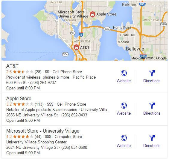 例如，這裡是從“手機專賣店”在西雅圖地區本地搜索：
