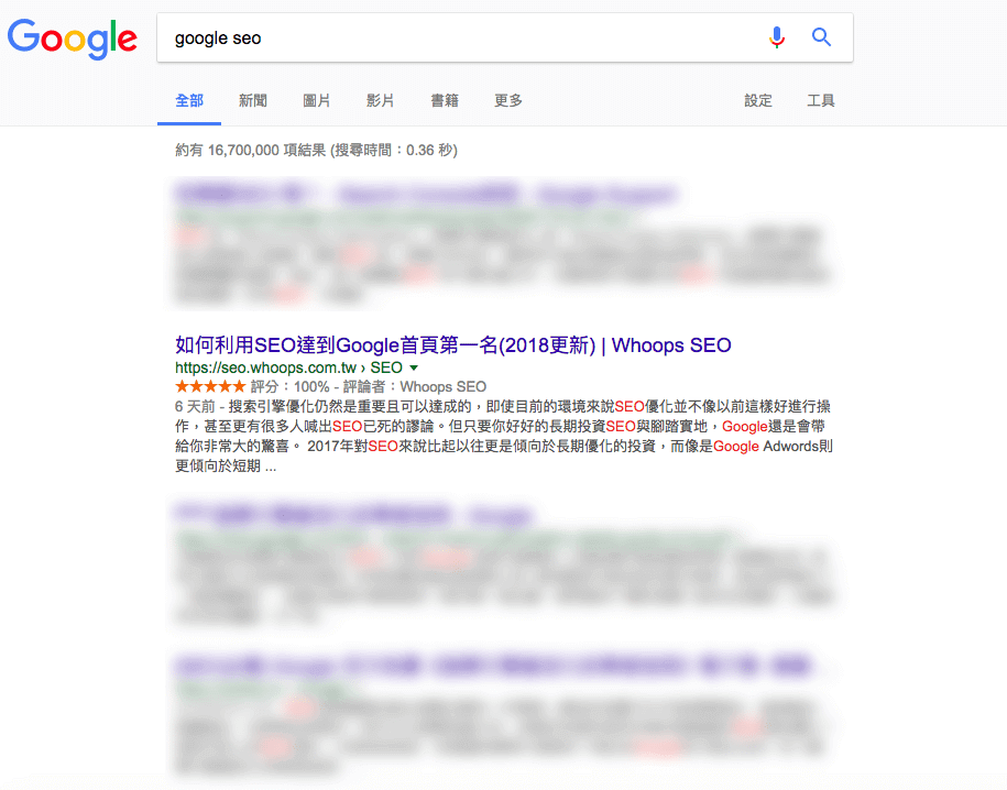 關鍵字「Google SEO」搜尋結果當中排名第二。