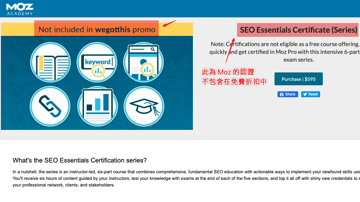 SEO Essentials Certificate (Series) 項目不包含在免費課程當中