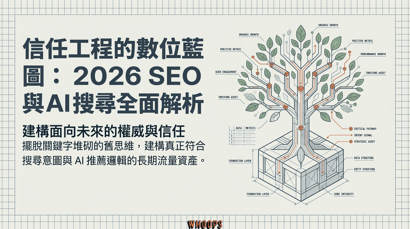 2026 SEO 與 AI 搜尋全面解析簡報封面，展示信任工程數位藍圖與長期流量資產科技樹視覺圖。
