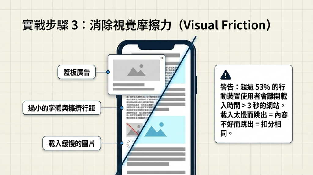 SEO 實戰教學:消除行動裝置視覺摩擦力,解析蓋板廣告、字體排版與載入速度對排名的影響。