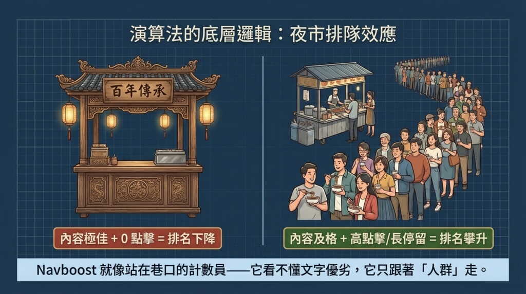 Google Navboost 演算法底層邏輯示意圖:以夜市排隊效應比喻點擊率與內容品質對 SEO 排名的影響。
