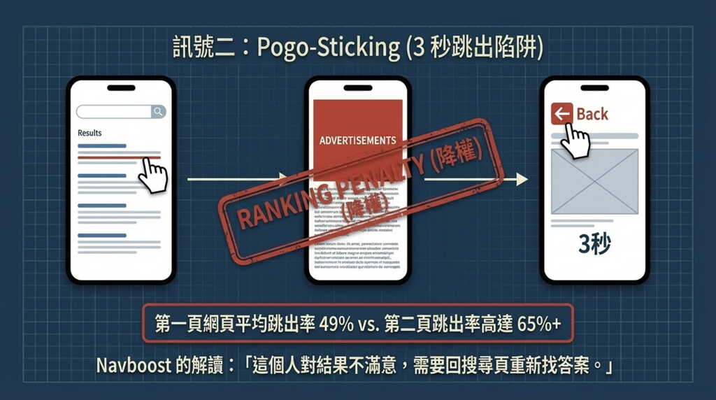 SEO Pogo-sticking 3秒跳出陷阱與 Navboost 排名降權機制示意圖
