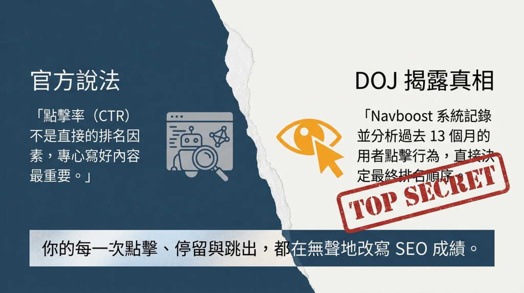 Google 官方 SEO 說法與 DOJ 洩密案關於 Navboost 點擊率對排名影響的對比資訊圖