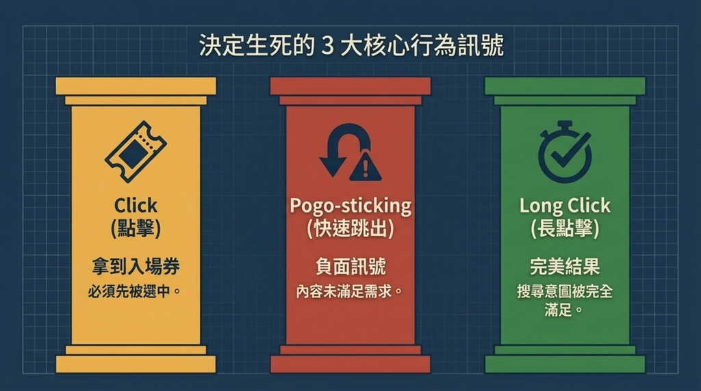SEO 排名三大核心行為訊號:Click 點擊、Pogo-sticking 快速跳出、Long Click 長點擊的含義與影響。