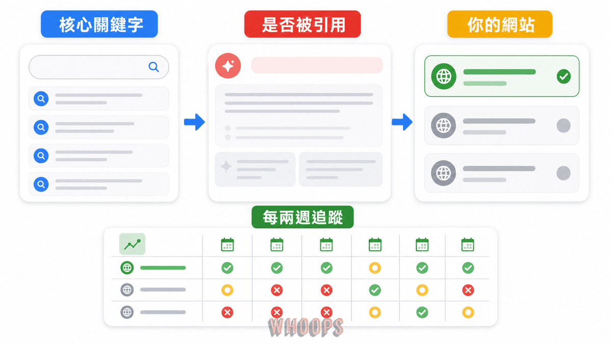 AI Mode 能見度檢查流程圖，說明如何搜尋核心關鍵字、檢查是否被引用並定期追蹤變化