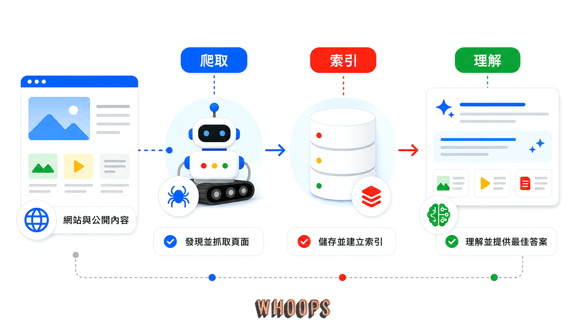 技術 SEO 流程圖，說明 AI 搜尋需要先能爬取、索引並理解網頁內容