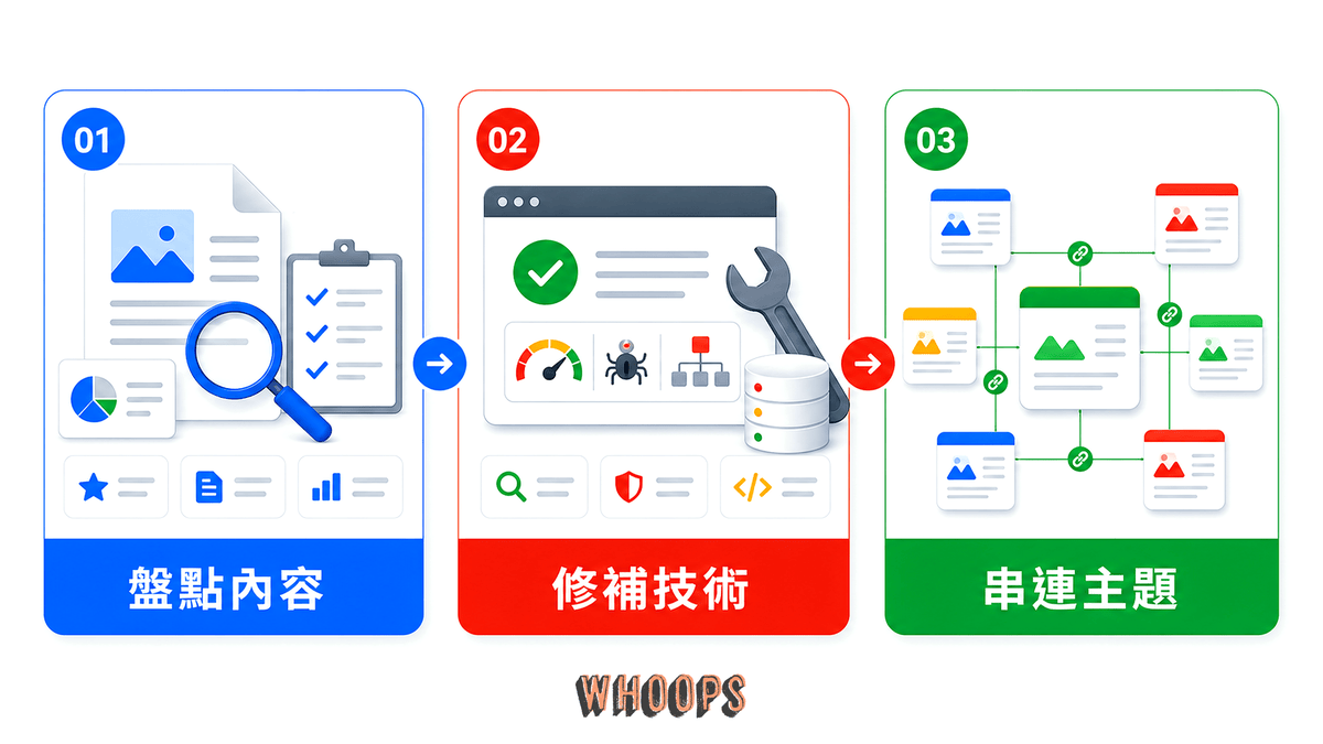 AI 搜尋 SEO 三步驟行動計畫，包含盤點核心內容、修補技術可見性與建立主題集群