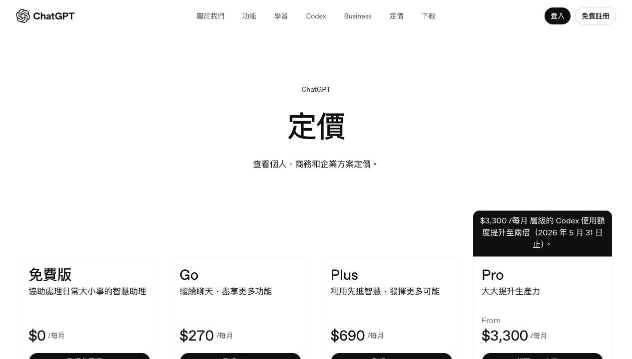 ChatGPT 台灣官方定價頁，顯示免費版、Go、Plus、Pro 四種個人方案價格