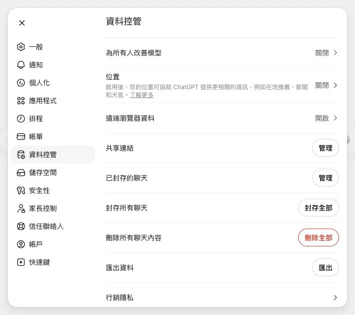 ChatGPT 資料控管設定頁面，包含改善模型、位置、遠端瀏覽器資料、共享連結、封存、刪除與匯出資料