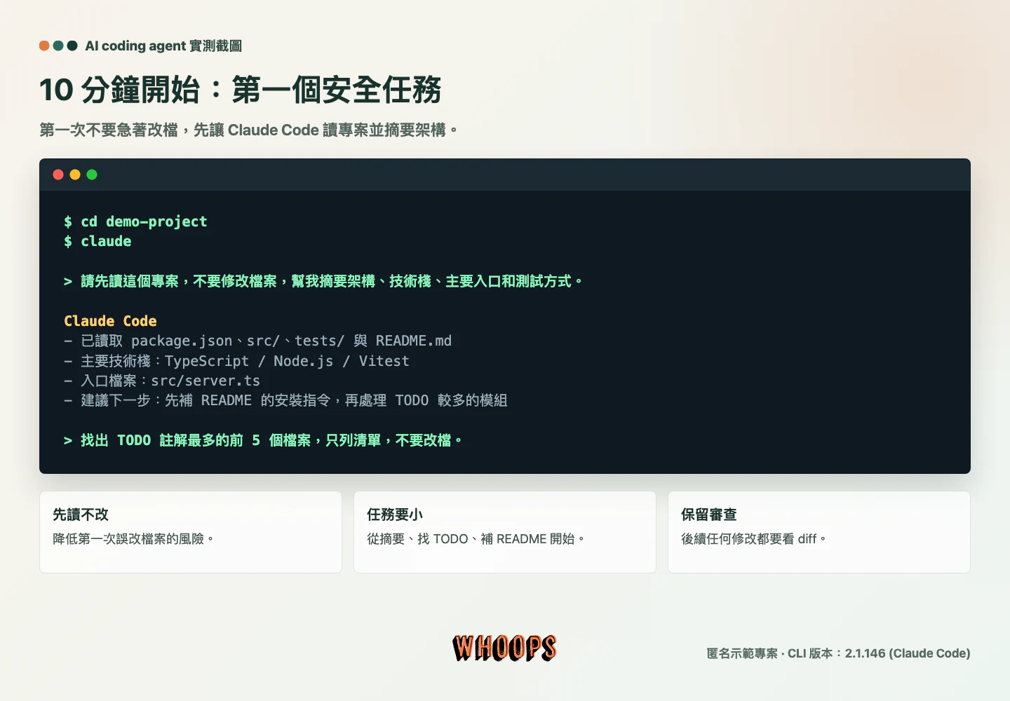 Claude Code 10 分鐘上手截圖，示範進入專案後先請 Claude 摘要架構