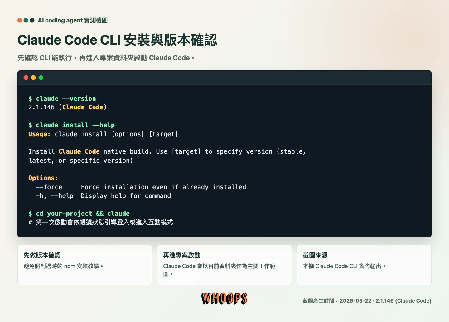 Claude Code CLI 實測截圖，顯示 claude --version 與 claude install --help 輸出