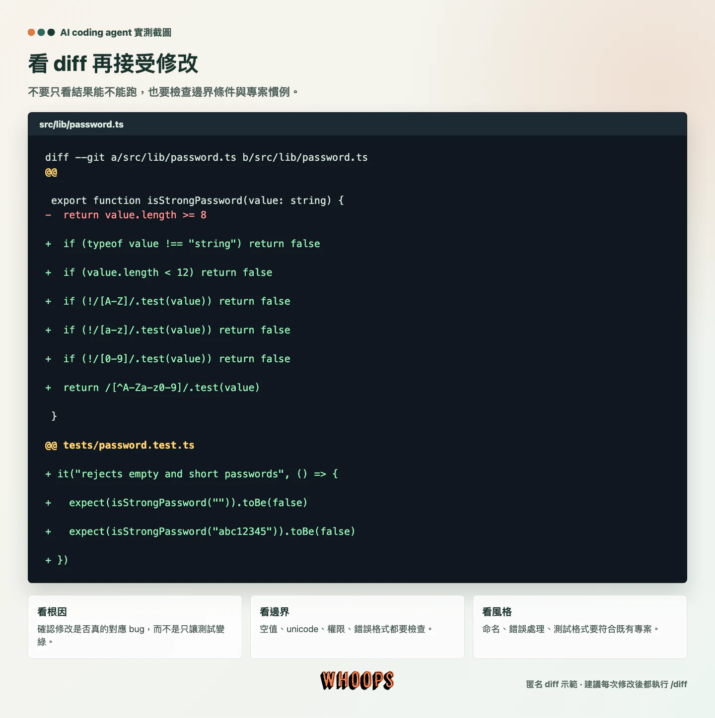 Claude Code diff 審查教學截圖，示範 password validation 修改前後差異
