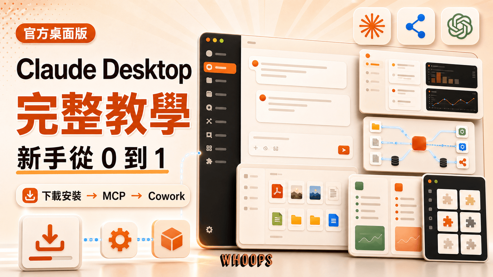 Claude Desktop 完整教學精選圖，呈現下載安裝、MCP 設定、Cowork 與 ChatGPT 桌面版比較