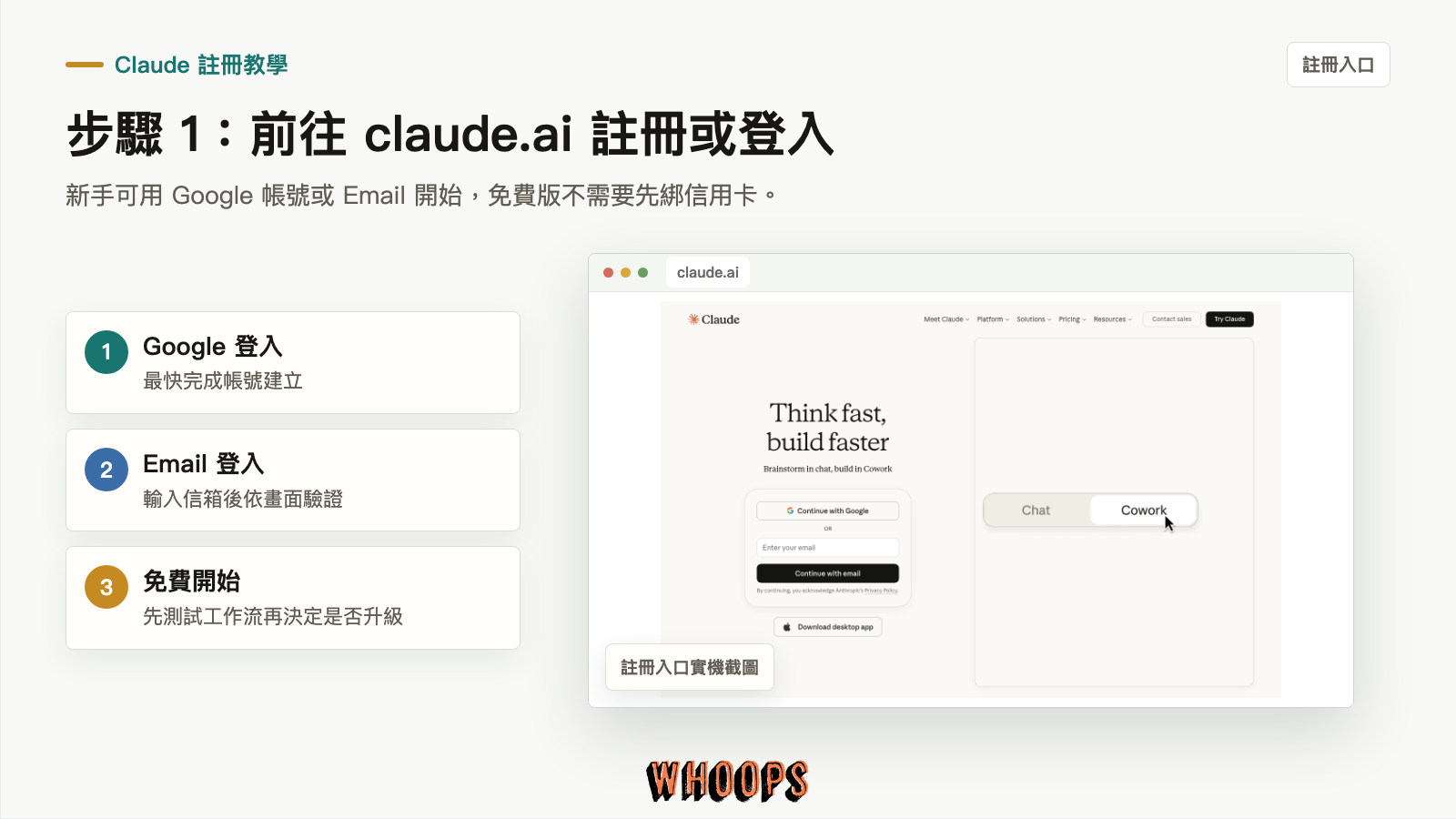 Claude 註冊教學實機截圖:前往 claude.ai 後可用 Google 帳號或 Email 登入