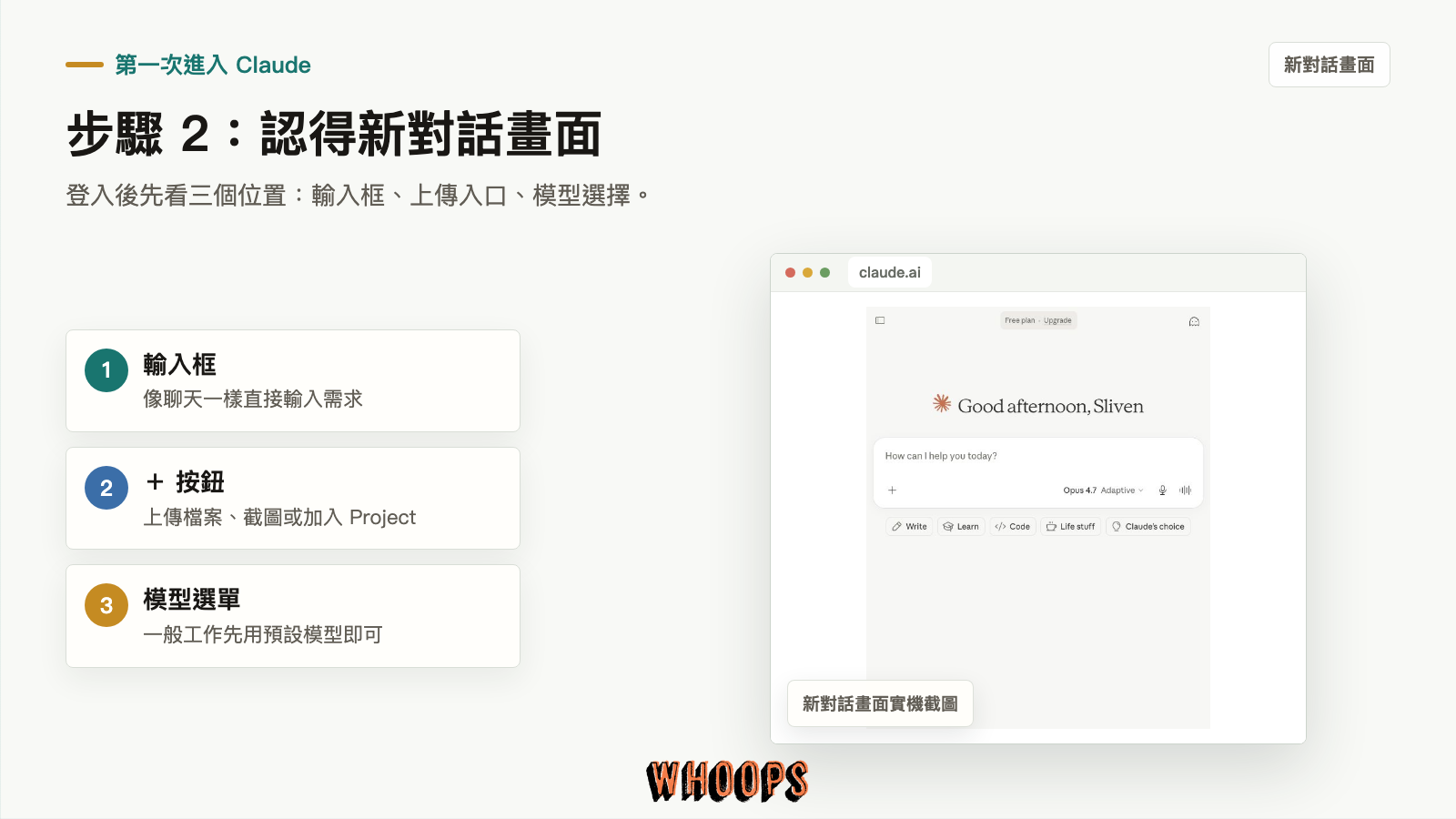 Claude 新對話畫面實機截圖:輸入框、檔案上傳入口與模型選擇位置