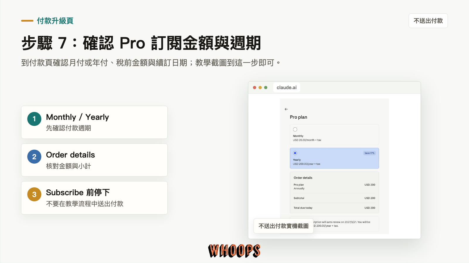 Claude Pro 付款升級頁實機截圖:月付、年付、訂單金額與續訂資訊