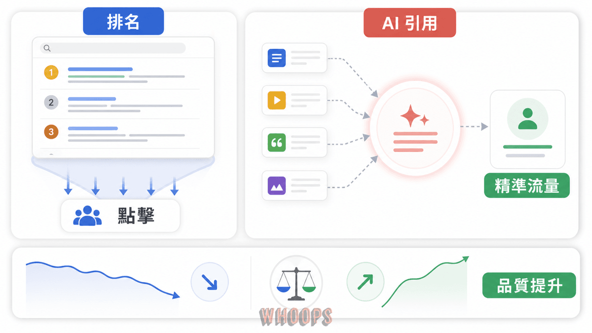 Google AI 搜尋下 SEO 流量結構變化示意圖，說明零點擊搜尋、AI 引用與流量品質變化