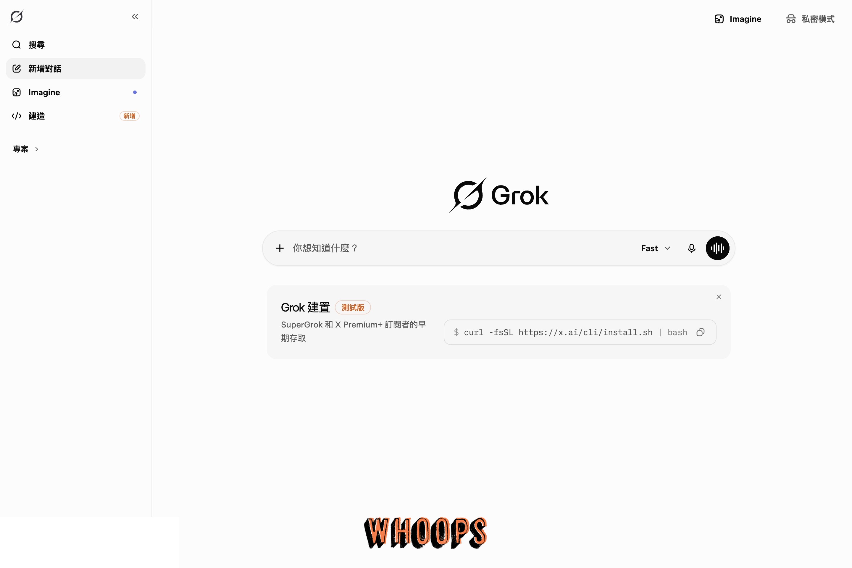 Grok 網站首頁，左側有搜尋、新增對話、Imagine、建造與專案，中央是提問輸入框