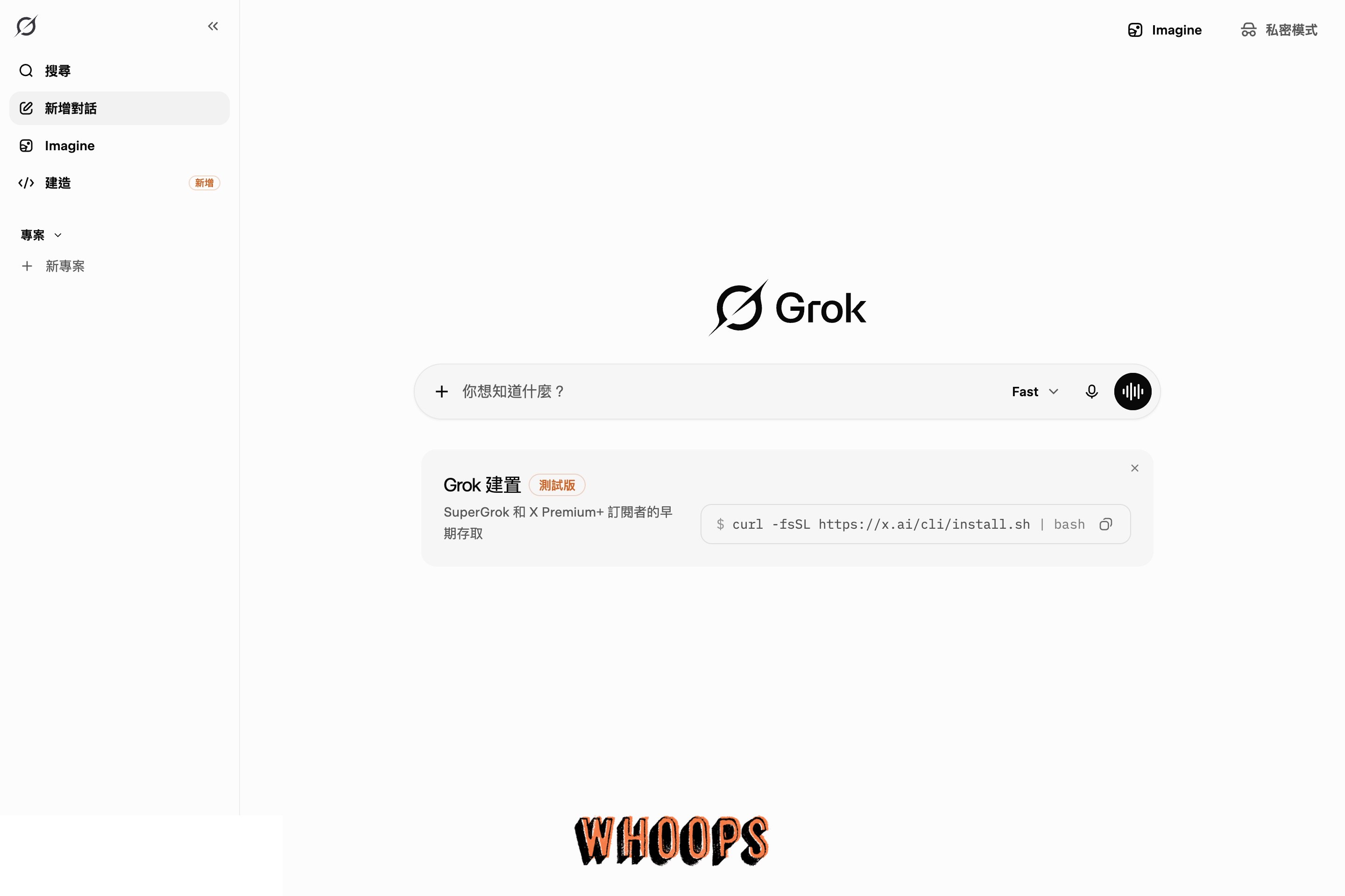 Grok 側邊欄的專案區域，可新增專案並整理同一主題的聊天