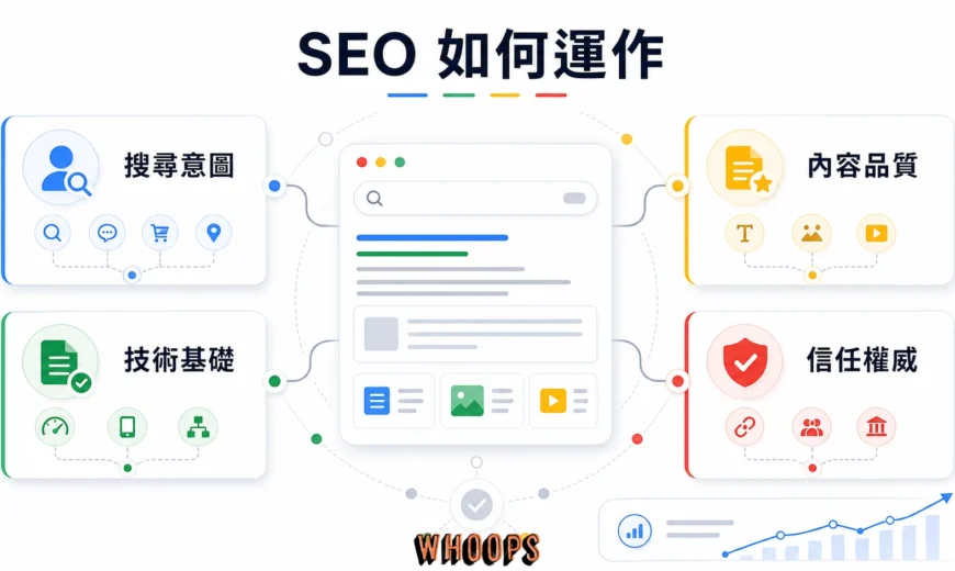 SEO 是由搜尋意圖、內容品質、技術 SEO 與權威信任共同組成的搜尋引擎最佳化系統。