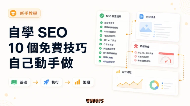 《自學SEO》10個免費優化技巧自己動手做（上）精選圖片，呈現基礎 → 執行 → 追蹤的 SEO 重點。