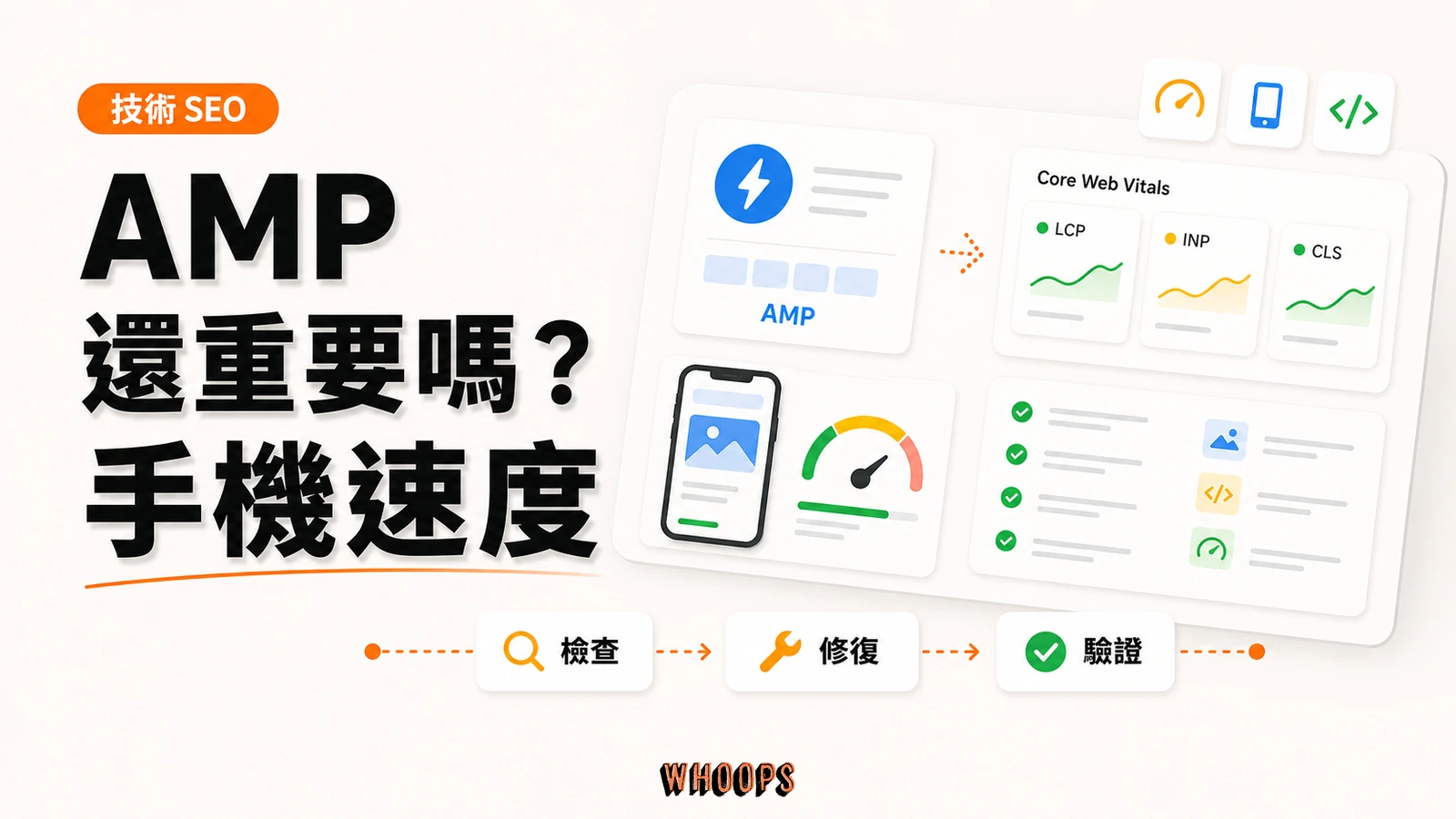 AMP 根本不重要:你還在用 AMP 嗎?從 SEO 到手機速度的完整解答精選圖片,呈現檢查 → 修復 → 驗證的 SEO 重點。