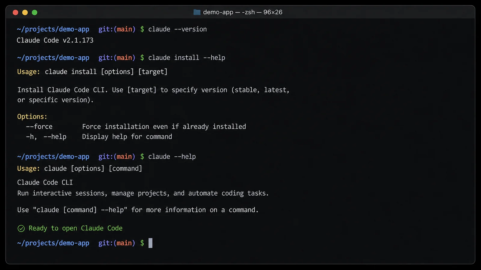 Claude Code CLI 安裝與版本檢查示意圖，呈現 claude version 與 help 輸出