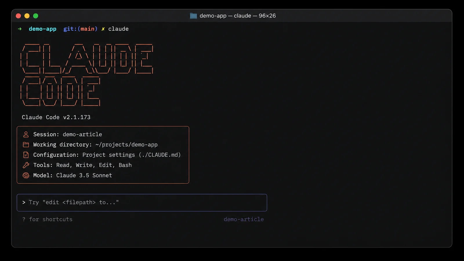 Claude Code 主畫面示意圖，呈現 demo-app 工作目錄、任務輸入列與快捷鍵入口