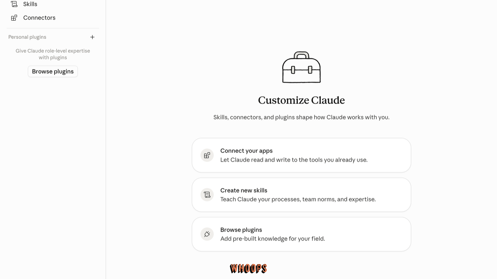 Claude Desktop Customize 實機截圖，顯示 Skills、Connectors 與 Browse plugins 入口
