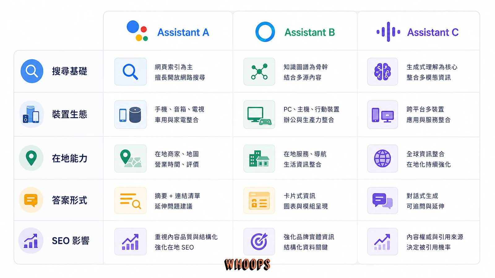 Google Assistant、Alexa 與 Siri 的搜尋與裝置生態比較圖。