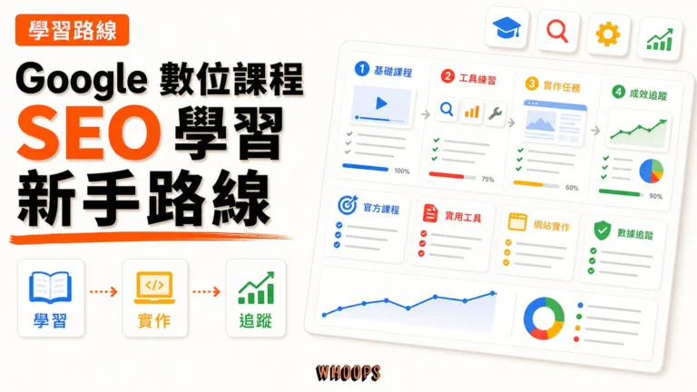 Google 數位課程學 SEO：4 條官方免費線索，從入門到上線自己網站的完整路徑精選圖片，呈現學習 → 實作 → 追蹤的 SEO 重點。