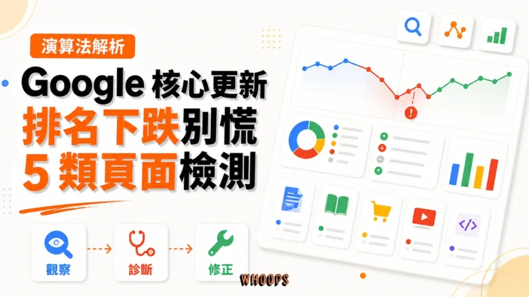 Google核心更新推送中！排名下跌先別慌，5 類網頁檢測指南精選圖片，呈現觀察 → 診斷 → 修正的 SEO 重點。