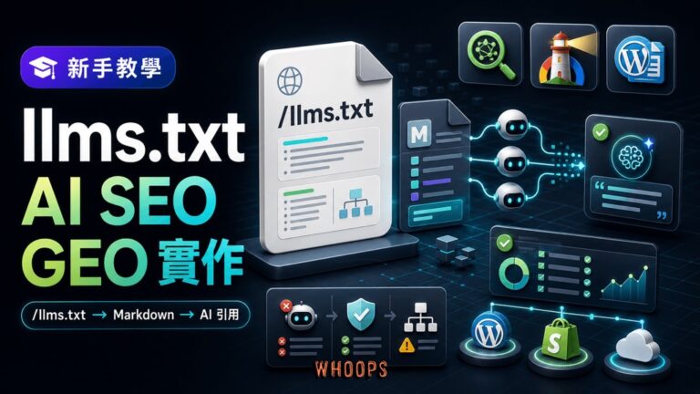 llms.txt AI SEO 與 GEO 實作指南封面，網站根目錄的 Markdown 導讀檔連接 AI 爬蟲、Lighthouse 稽核與 AI 引用流程。
