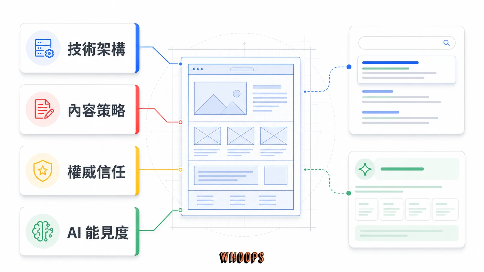 SEO 公司角色說明圖，呈現技術架構、內容策略、外部連結與 AI 搜尋能見度如何共同支撐網站成長。