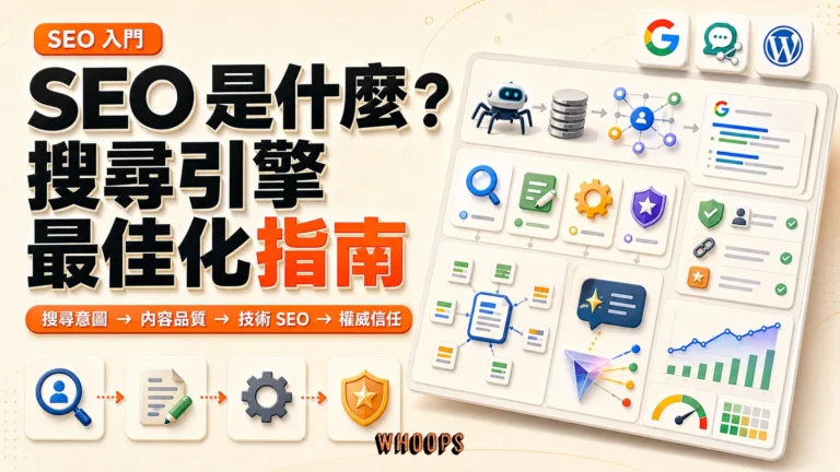 SEO 是什麼的精選圖片，呈現搜尋意圖、內容品質、技術 SEO、權威信任、AI 搜尋引用與成效追蹤的搜尋引擎最佳化系統。