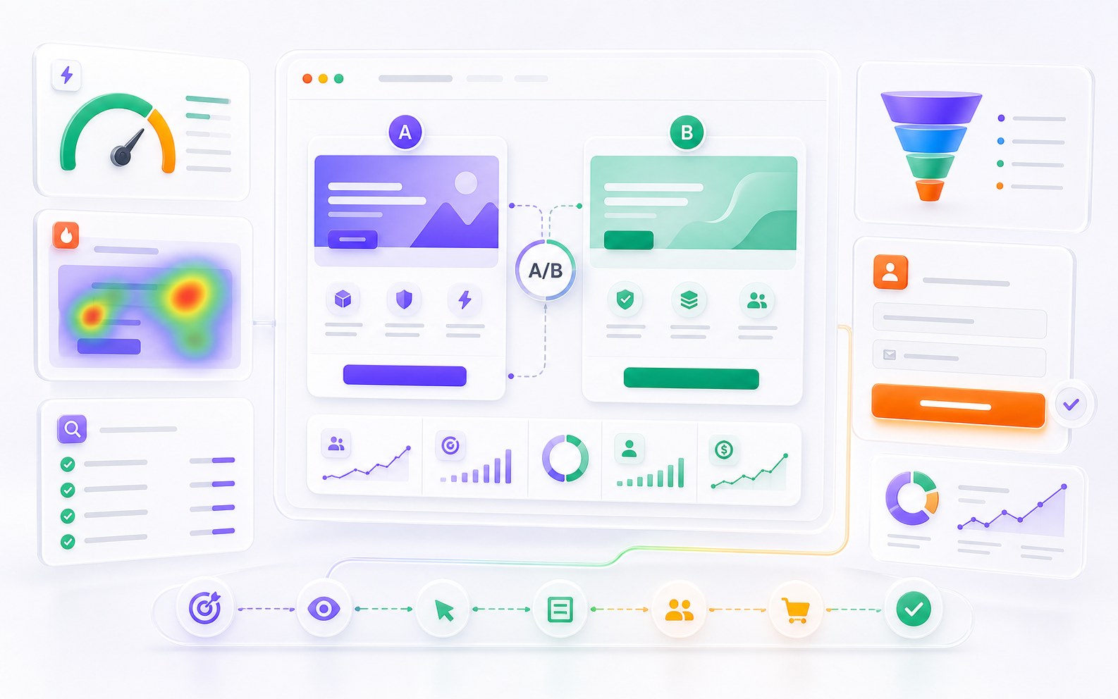 Performance landing page SEO 的 A/B 測試、熱區與轉換漏斗示意圖