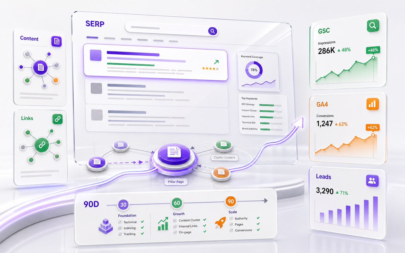 SEO 成長代理服務的 SERP、GSC、GA4 與 90 天成長路線圖示意圖