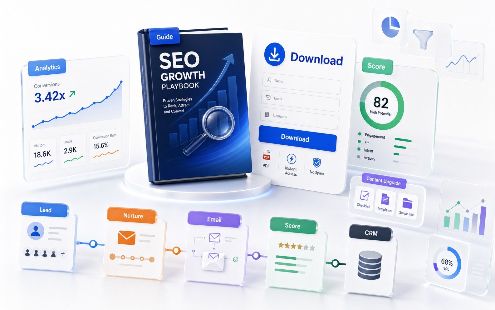 SEO lead magnet ebook 的下載表單、培育流程與 lead score 示意圖