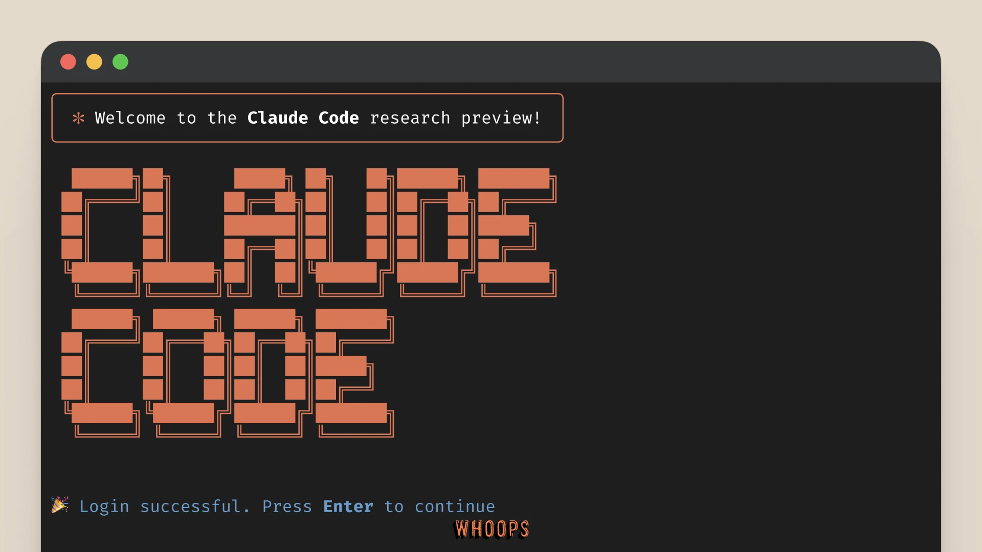 Anthropic 官方 Claude Code research preview 啟動畫面,顯示登入成功與終端機歡迎介面。