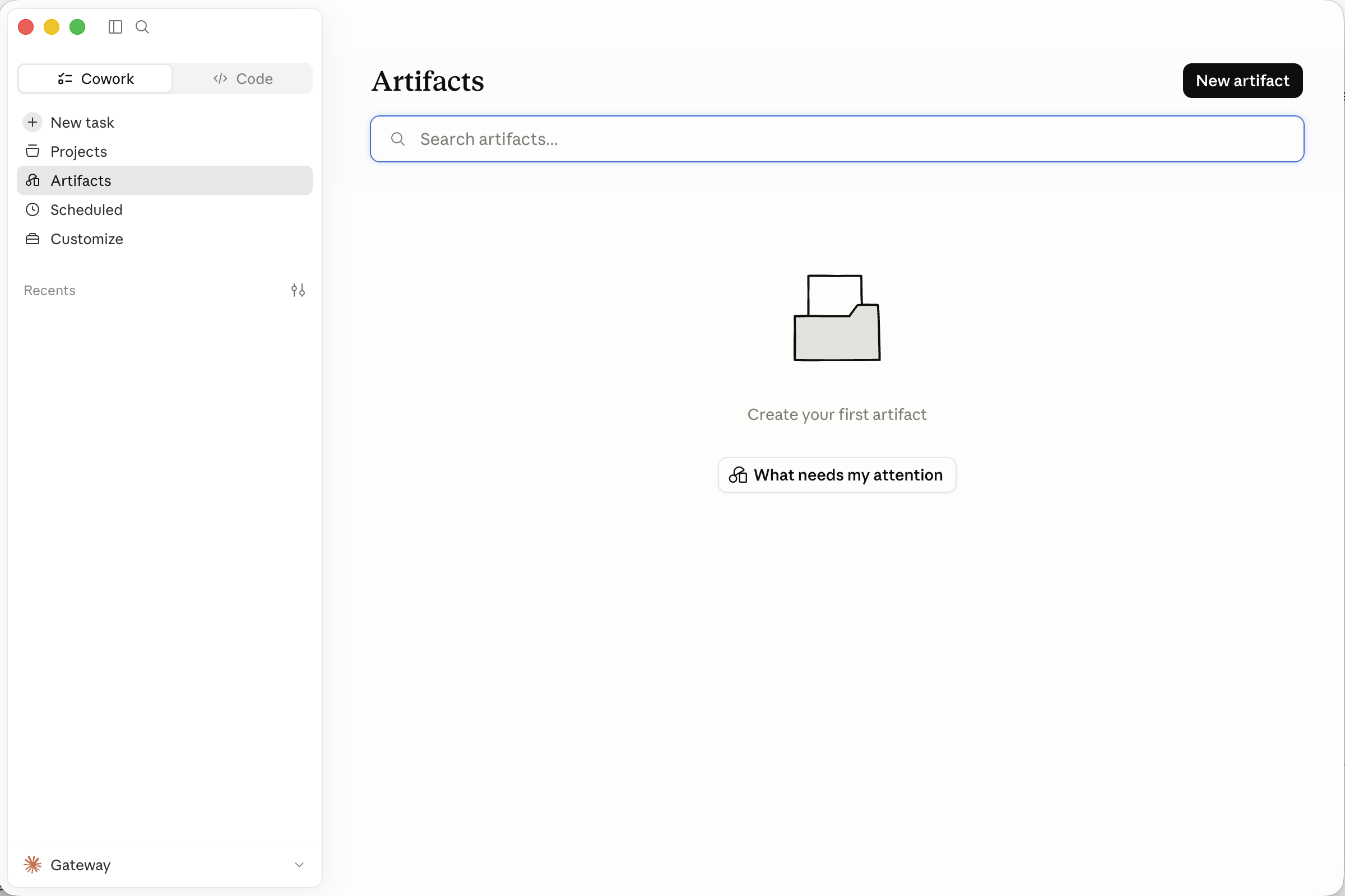 Claude Cowork Artifacts 作品頁,包含搜尋與 New artifact 建立入口