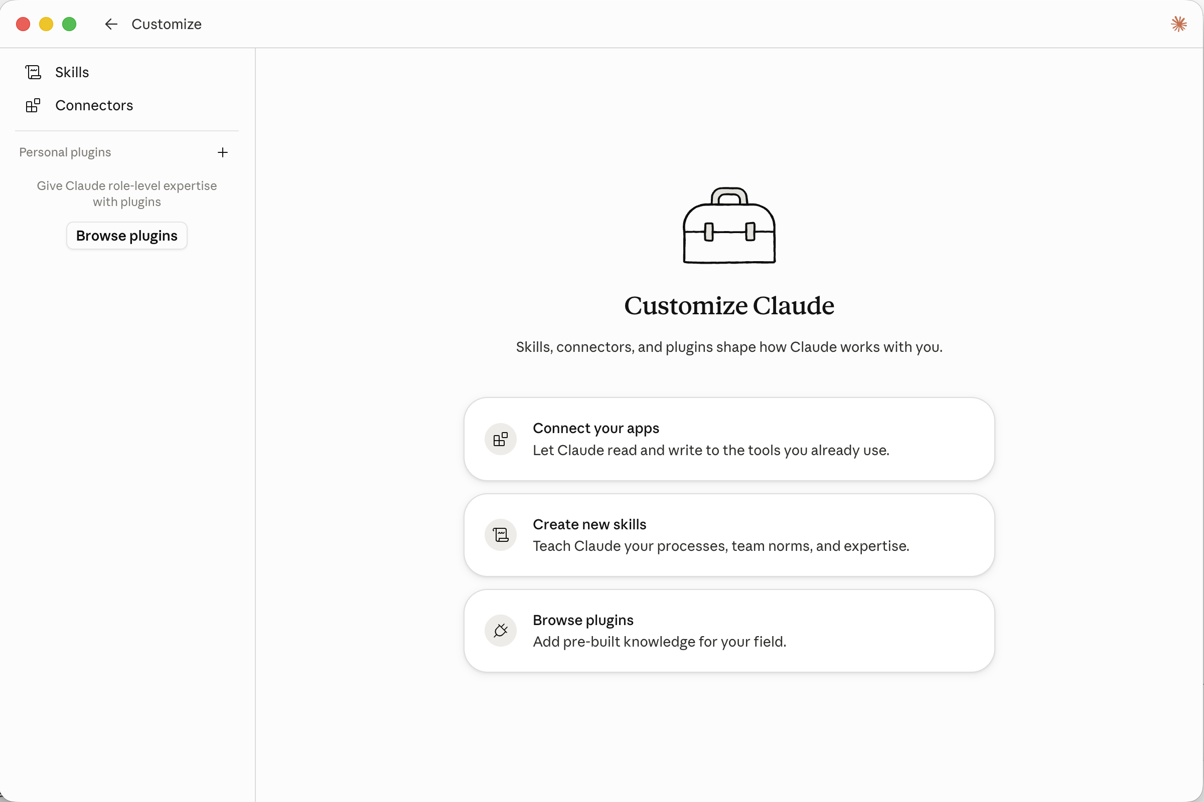 Claude Cowork Customize 自訂頁,列出 Connectors、Skills 與 Plugins