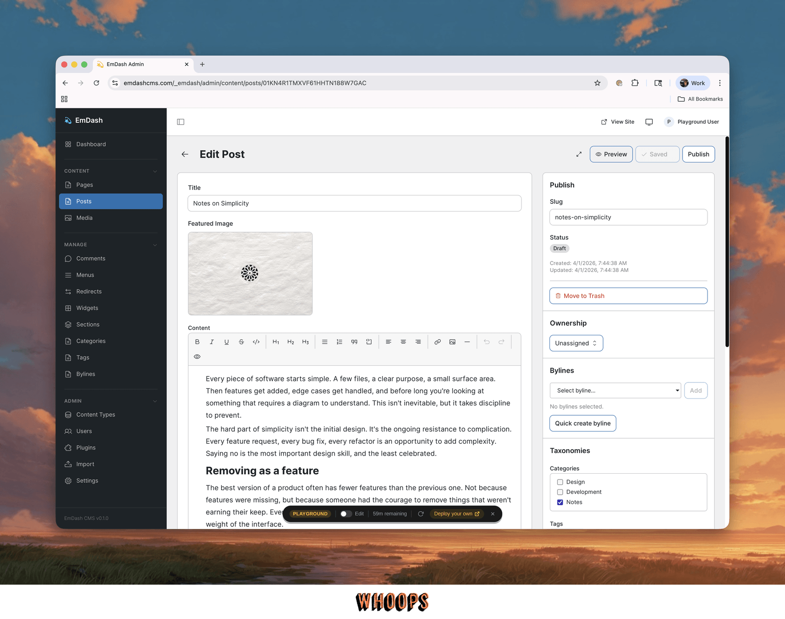 Cloudflare 官方 EmDash Playground 後台文章編輯介面