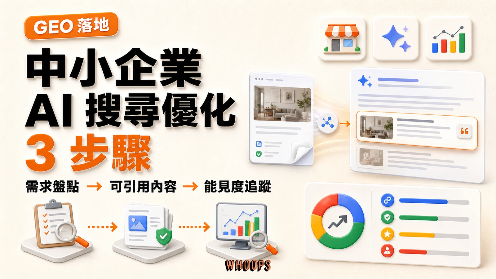 GEO 落地指南:中小企業 AI 搜尋優化 3 步驟,不靠公關費搶進 Google AIO重點圖解