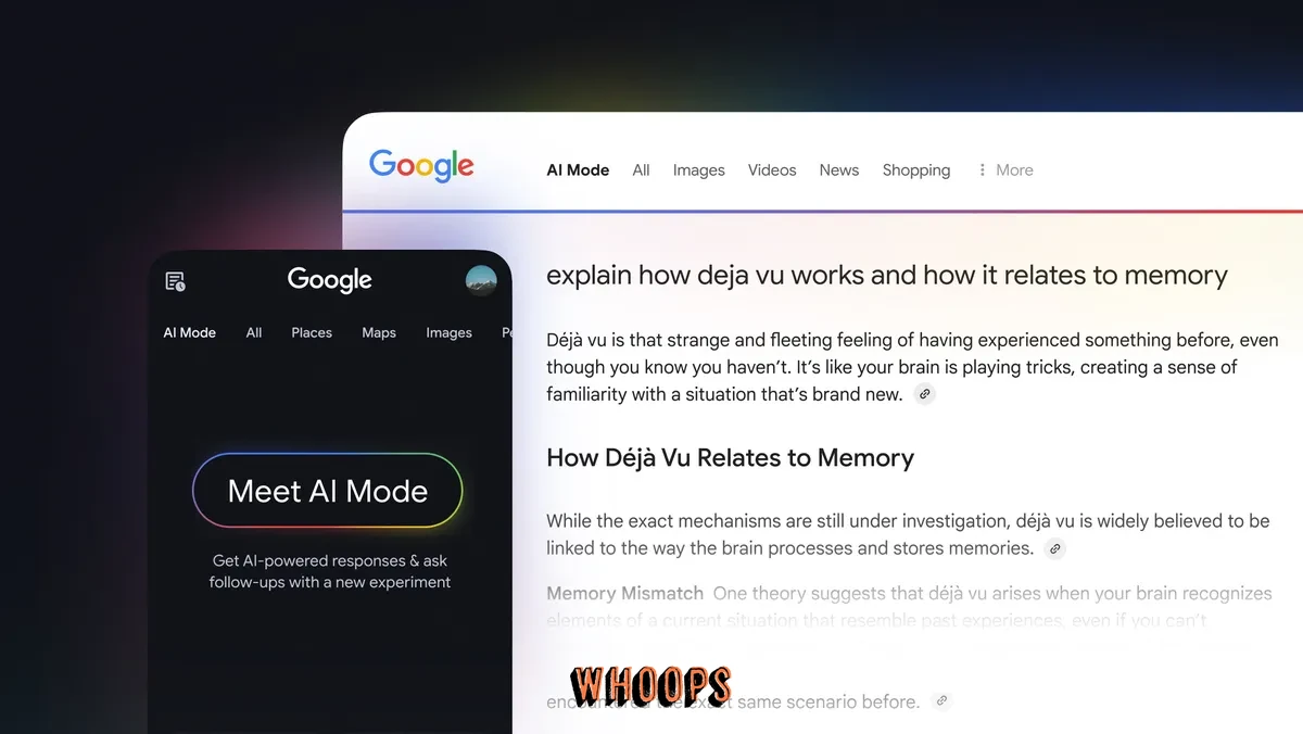Google 官方展示的 AI Mode 搜尋介面，包含 AI 回答與延伸網頁連結。