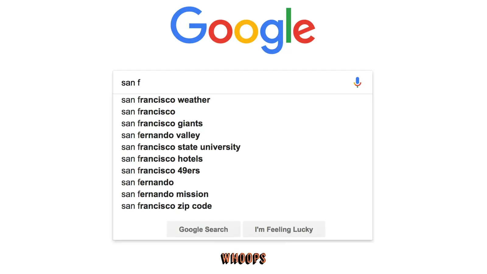 Google 官方 Autocomplete 範例畫面,輸入 san f 後顯示多筆搜尋預測。
