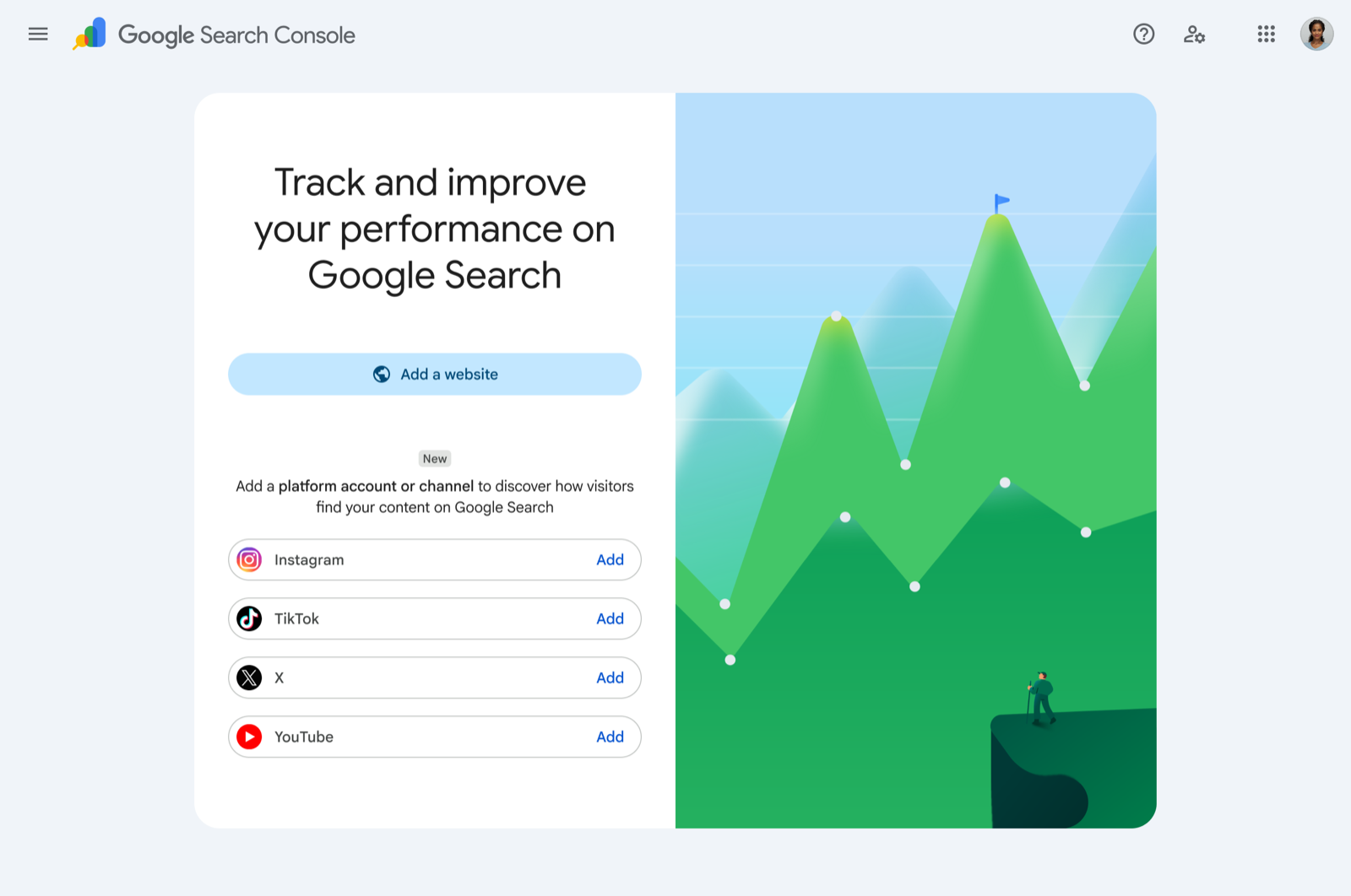 Google Search Console 新增資源時的驗證頁，顯示可選擇 Instagram、TikTok、X、YouTube 四個平台
