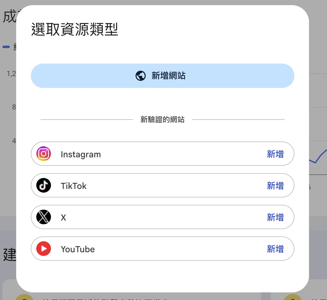Search Console 選取資源類型視窗,顯示新增網站,以及 Instagram、TikTok、X、YouTube 各自的新增選項