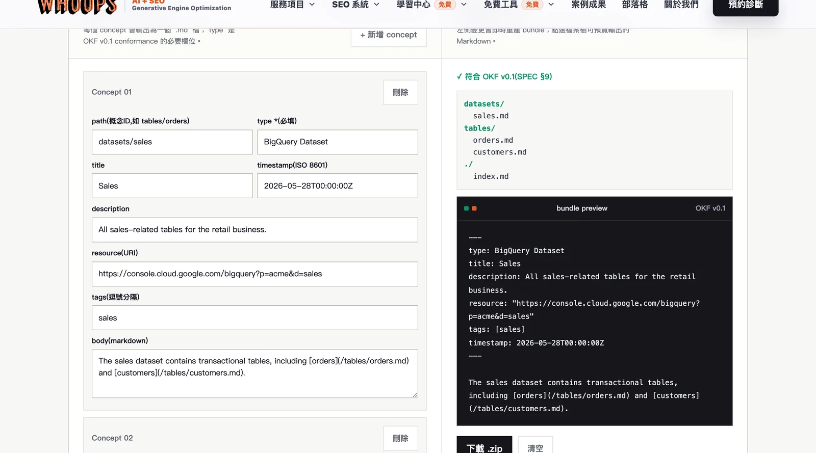 OKF 產生器結果截圖,用表單建立 concept 即時預覽檔案結構,下載 Open Knowledge Format .zip bundle